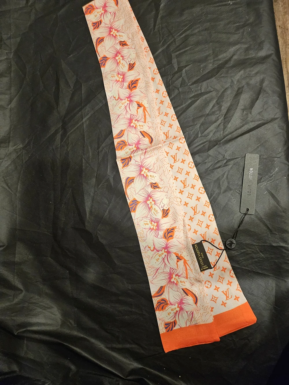 Louis Vuitton Cream Silk Scarf with Orange Monogram Motifs - Picture 2 of 6